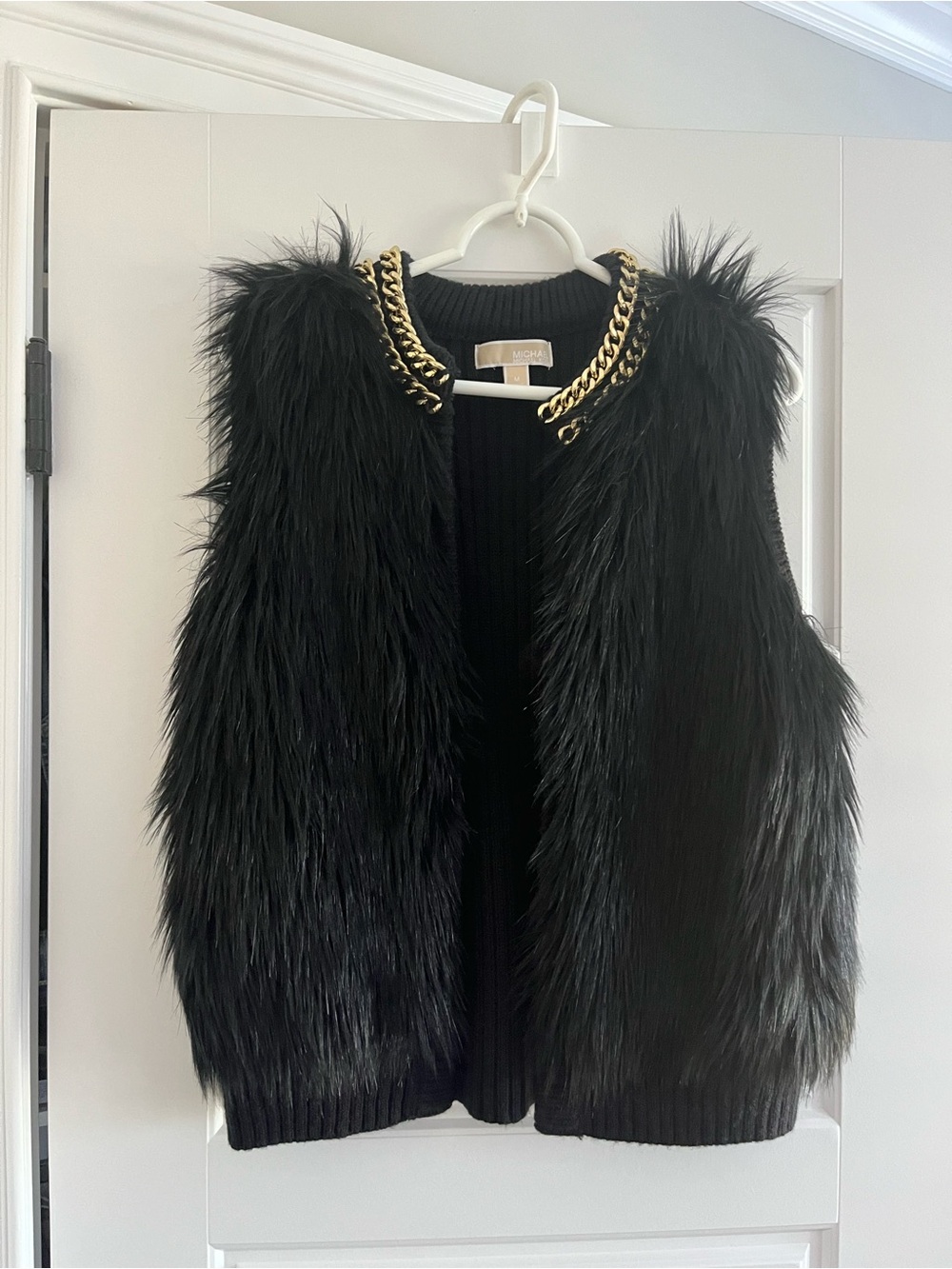 Michael Kors Black Faux Fur Vest with Gold Chain Collar